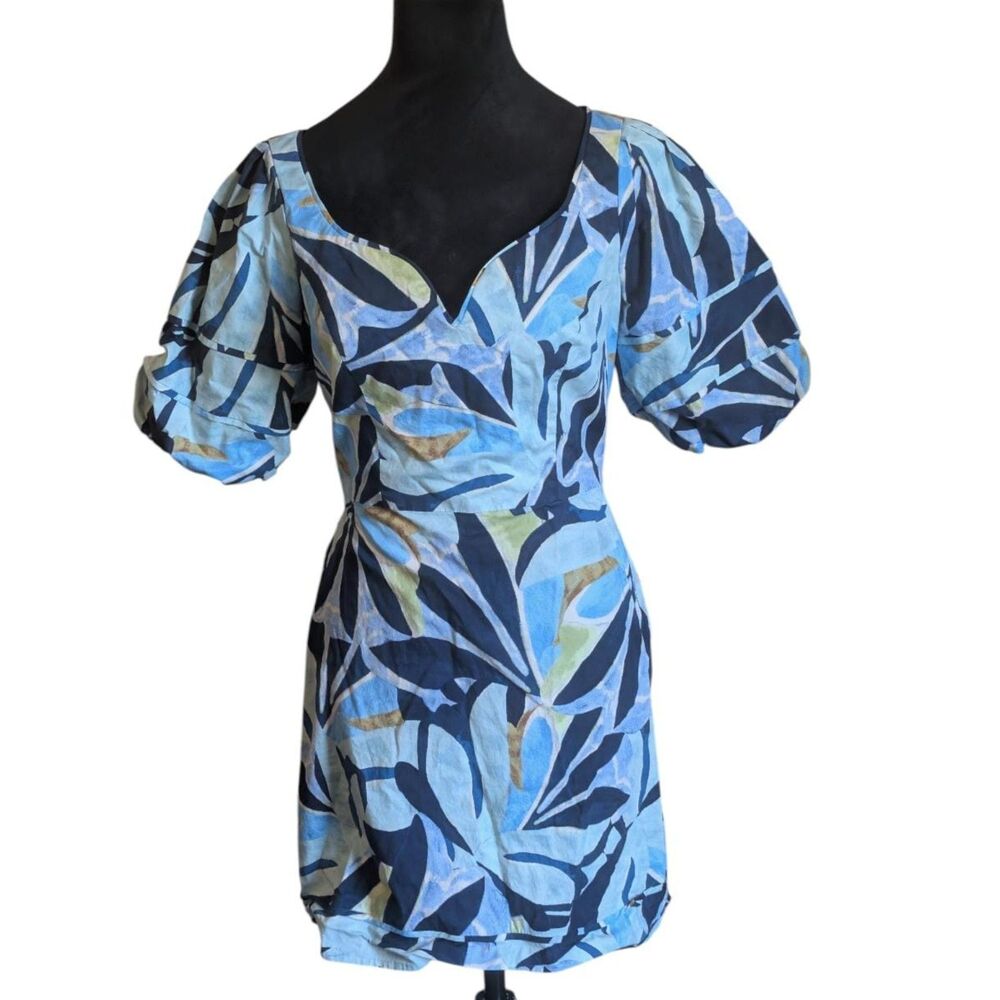 Donna Morgan Blue Abstract Botanical Floral Sweetheart Puff Sleeve Mini Dress, S